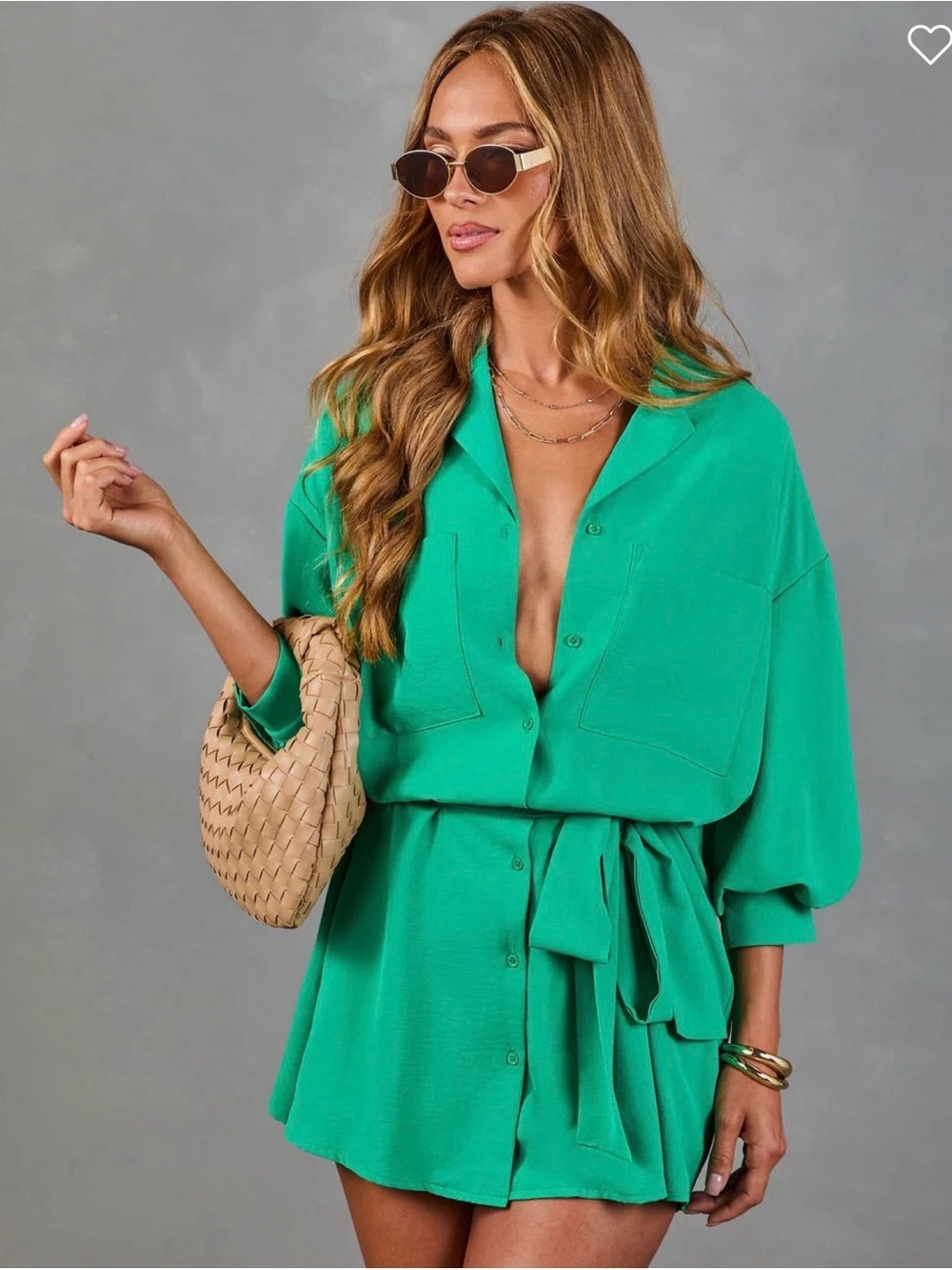 Women's Kelly Green Summer Memoir Waist Tie Mini Shirt Dress - Picture 3 of 6